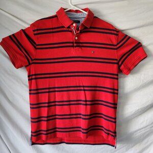 Tommy Hilfiger Men’s Polo Shirt Medium Red Navy Stripes Classic Fit Cotton